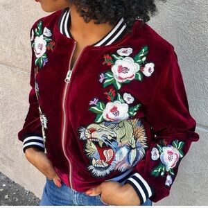 Embroidered Embellished Women’s Floral Tiger Red Velvet Bomber Jacket Size XXL
